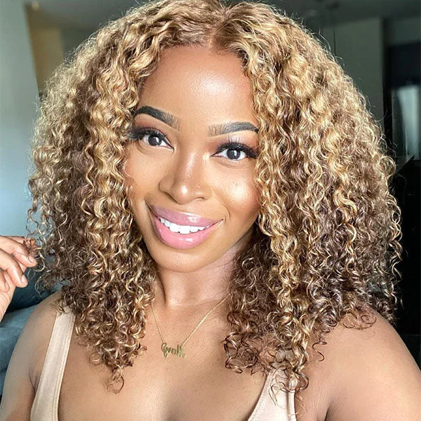 OQHAIR 4/27 Highlight Color Wear Go Glueless Wigs Pre Cut 4x6 HD Lace Kinky Curly Hair Short Bob Wigs