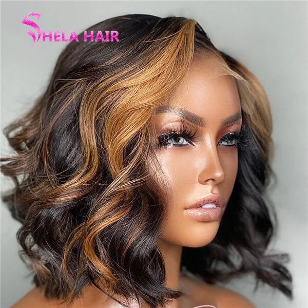 Highlight Glueless Lace Frontal Wig Wavy Bob Cut