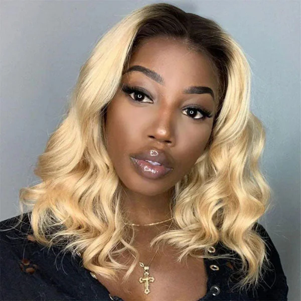 Junoda 1B/613 Loose Wave 13x4 Lace Front Wig Human Hair Honey Blonde Bob Wig with Dark Roots