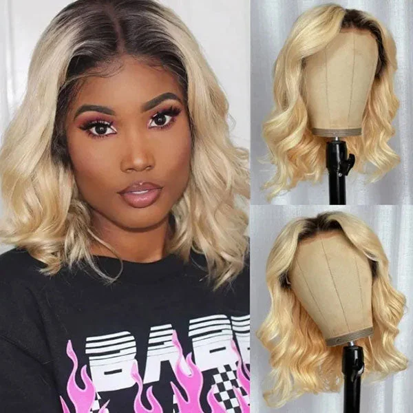 Junoda 1B/613 Loose Wave 13x4 Lace Front Wig Human Hair Honey Blonde Bob Wig with Dark Roots