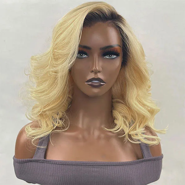 Junoda 1B/613 Loose Wave 13x4 Lace Front Wig Human Hair Honey Blonde Bob Wig with Dark Roots