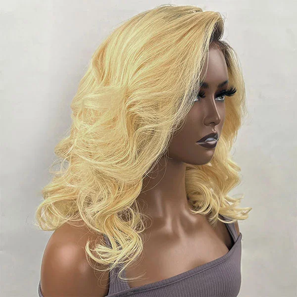 Junoda 1B/613 Loose Wave 13x4 Lace Front Wig Human Hair Honey Blonde Bob Wig with Dark Roots