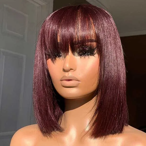 Tonya Emm Same Junoda 99J Short Human Hair Wig with Fringe for Women Burgundy Red Straight Bob Wigs With Bangs