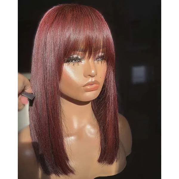 Tonya Emm Same Junoda 99J Short Human Hair Wig with Fringe for Women Burgundy Red Straight Bob Wigs With Bangs