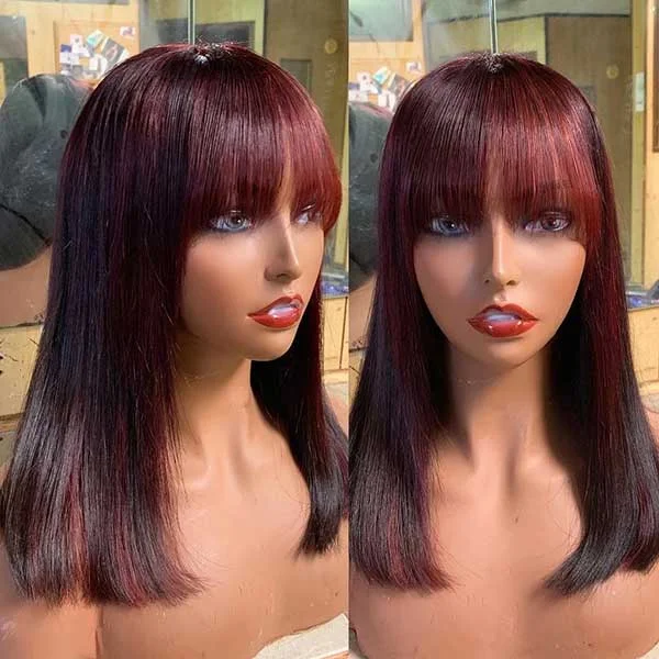 Tonya Emm Same Junoda 99J Short Human Hair Wig with Fringe for Women Burgundy Red Straight Bob Wigs With Bangs