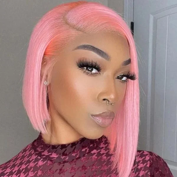 Junoda Baby Pink Bob Wig Shoulder Length Short Straight Lace Front Human Hair Wigs