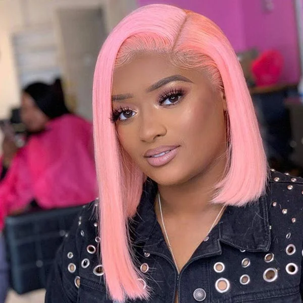 Junoda Baby Pink Bob Wig Shoulder Length Short Straight Lace Front Human Hair Wigs