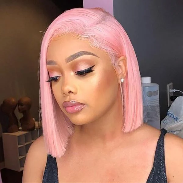 Junoda Baby Pink Bob Wig Shoulder Length Short Straight Lace Front Human Hair Wigs