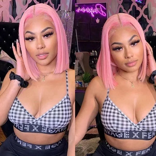 Junoda Baby Pink Bob Wig Shoulder Length Short Straight Lace Front Human Hair Wigs