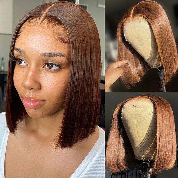 Junoda Chocolate Brown Blunt Cut Colored Human Hair Wigs Straight Short Bob 2x6 Lace Wig cs1