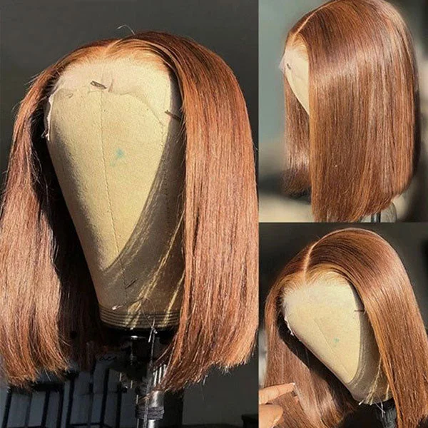 Junoda Chocolate Brown Blunt Cut Colored Human Hair Wigs Straight Short Bob Wig Hairstyles