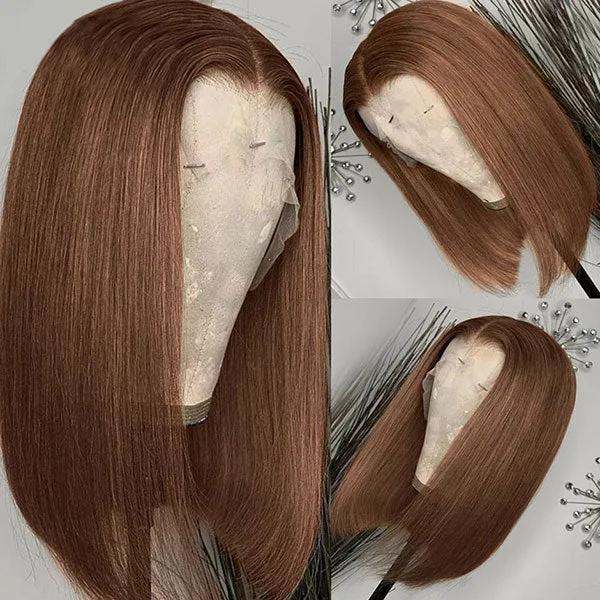 Junoda Chocolate Brown Blunt Cut Colored Human Hair Wigs Straight Short Bob Wig Hairstyles