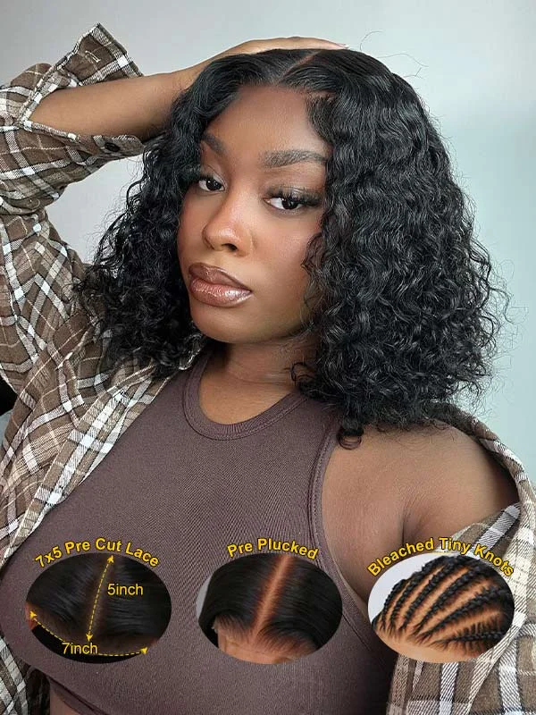 Junoda Deep Parting 7x5 Bleached Tiny Knots Water Wave Glueless Bob Wig Wear & Go Wigs