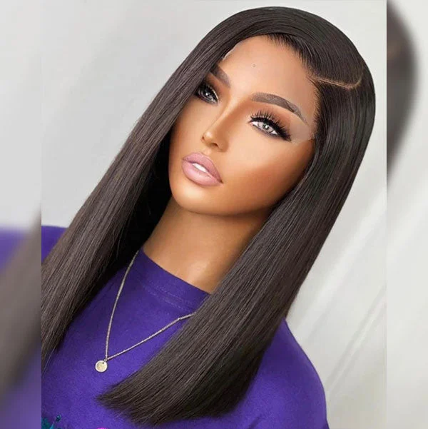 Junoda Double Drawn Human Hair Lace Closure Wig High Density Blunt Cut Straight Short BoB Wigs