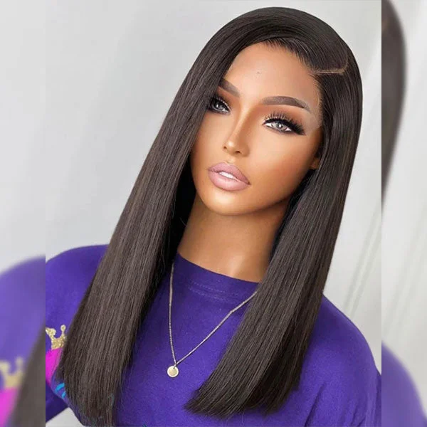 Junoda Double Drawn Human Hair Lace Closure Wig High Density Blunt Cut Straight Short BoB Wigs