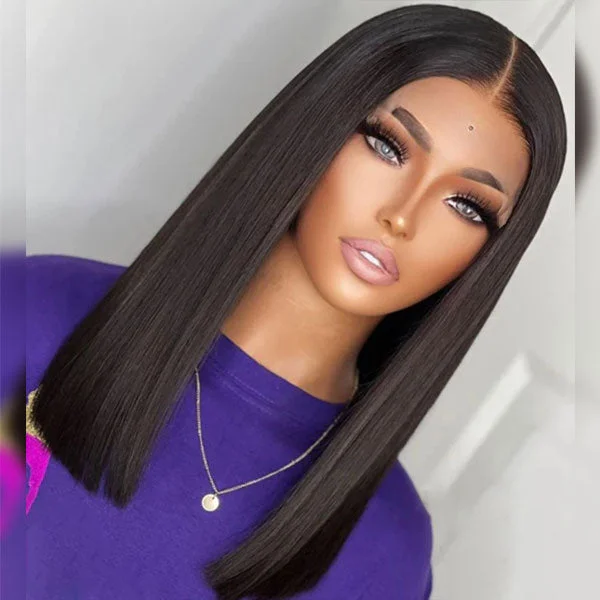 Junoda Double Drawn Human Hair Lace Closure Wig High Density Blunt Cut Straight Short BoB Wigs