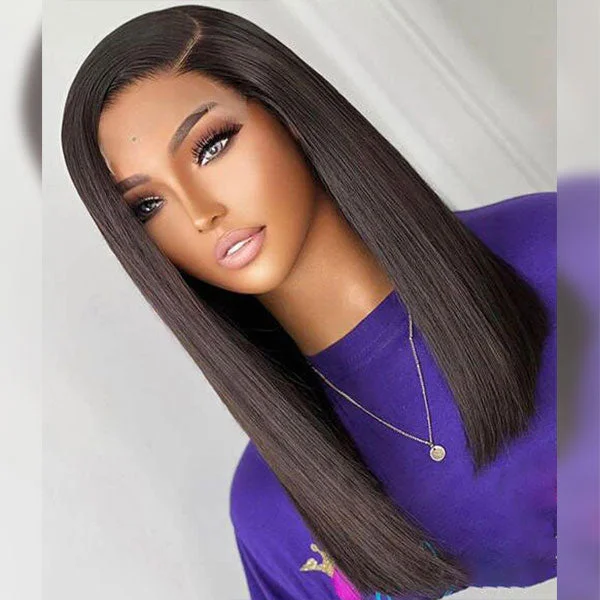 Junoda Double Drawn Human Hair Lace Closure Wig High Density Blunt Cut Straight Short BoB Wigs