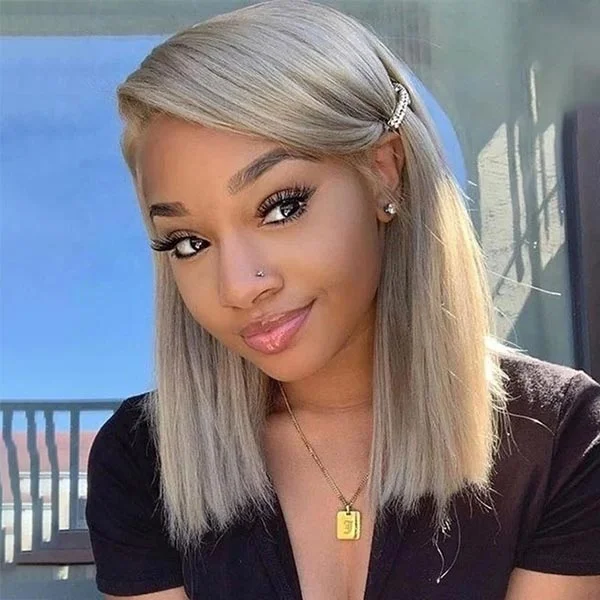 Junoda Grey Blunt Cut Bob Wig Short Colored Straight Human Hair Wigs Transparent Lace Wig