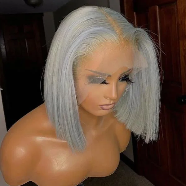 Junoda Grey Blunt Cut Bob Wig Short Colored Straight Human Hair Wigs Transparent Lace Wig