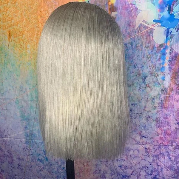 Junoda Grey Blunt Cut Bob Wig Short Colored Straight Human Hair Wigs Transparent Lace Wig