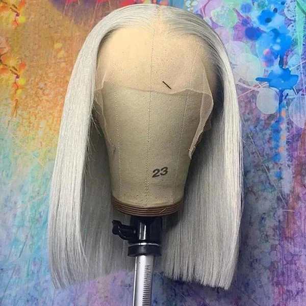 Junoda Grey Blunt Cut Bob Wig Short Colored Straight Human Hair Wigs Transparent Lace Wig