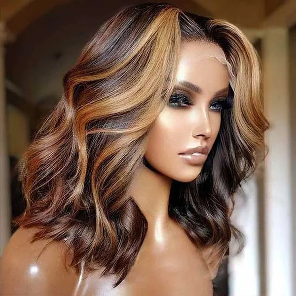 Junoda Highlight Body Wave Human Hair Wavy Short Bob Wigs Honey Blonde Brown Balayage Color