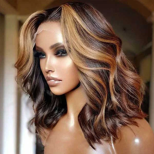 Junoda Highlight Body Wave Human Hair Wavy Short Bob Wigs Honey Blonde Brown Balayage Color