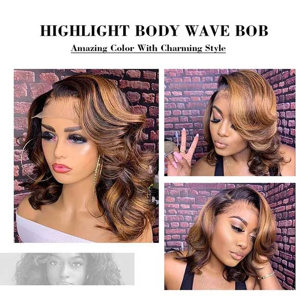 Junoda Highlight Body Wave Human Hair Wavy Short Bob Wigs Honey Blonde Brown Balayage Color