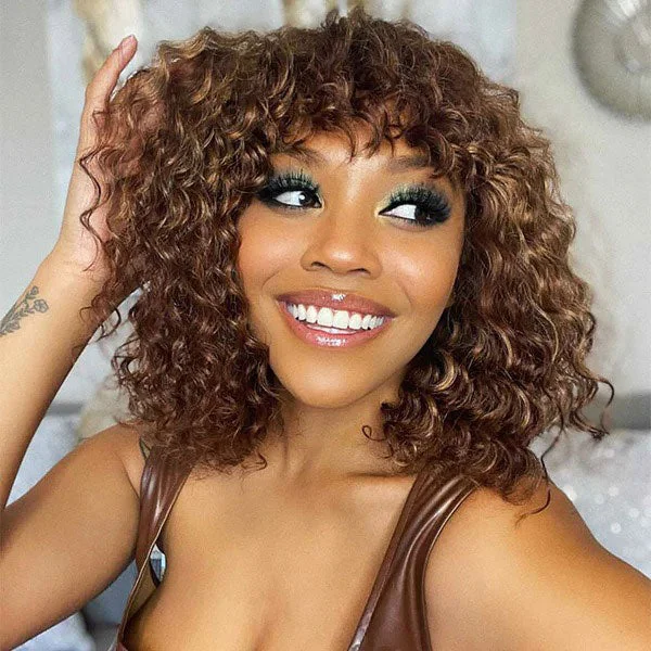 Junoda Highlight Short Curly Bob Wig with Bangs Mix Brown Color Ombre Glueless Human Hair Wigs