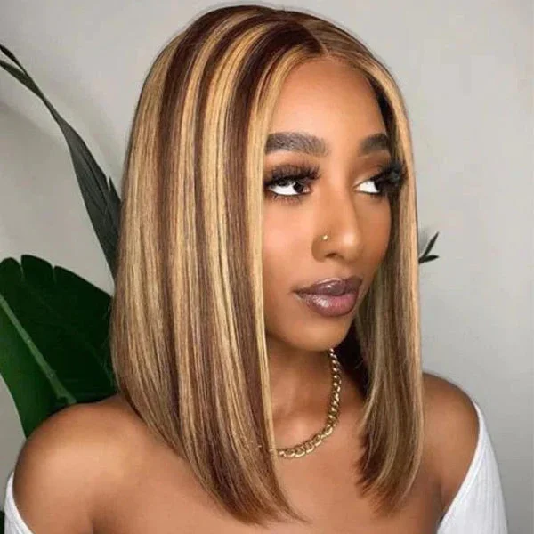 Junoda Highlight Straight Bob Wear & Go Glueless Wig Brown Blonded Colored Human Hair Wigs