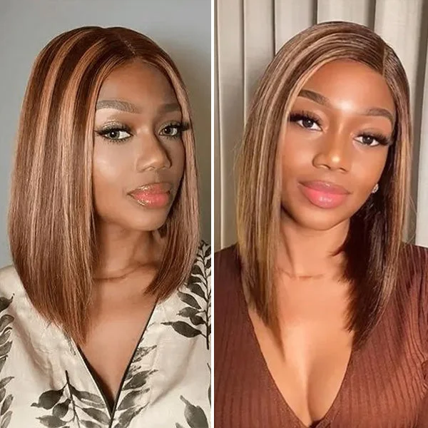 Junoda Highlight Straight Bob Wear & Go Glueless Wig Brown Blonded Colored Human Hair Wigs