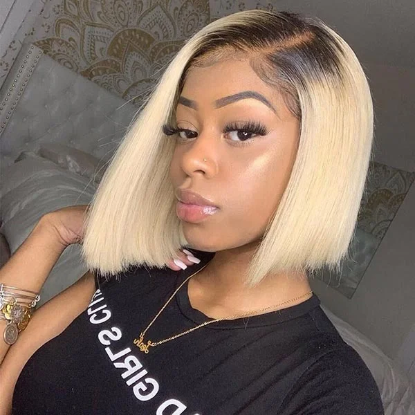 Junoda Honey Blonde Bob 1B/613 Transparent Lace Front Wigs 150% Density