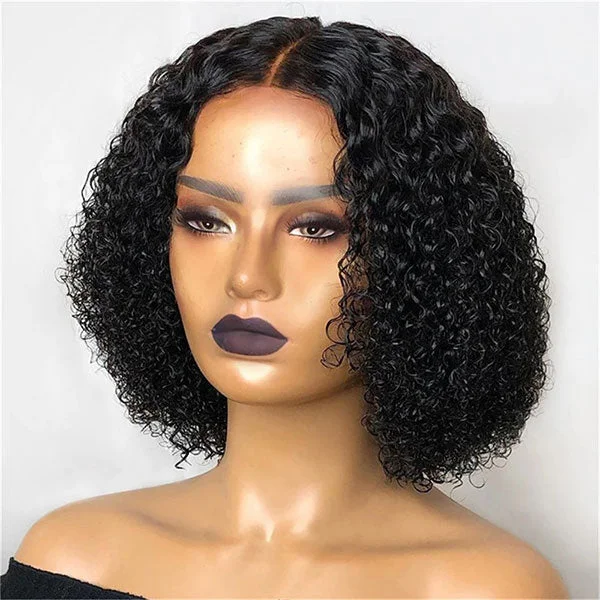 Junoda Kinky Curly V Part Bob Wig Middle Part Short Human Hair Shake and Go Wigs No Leave Out