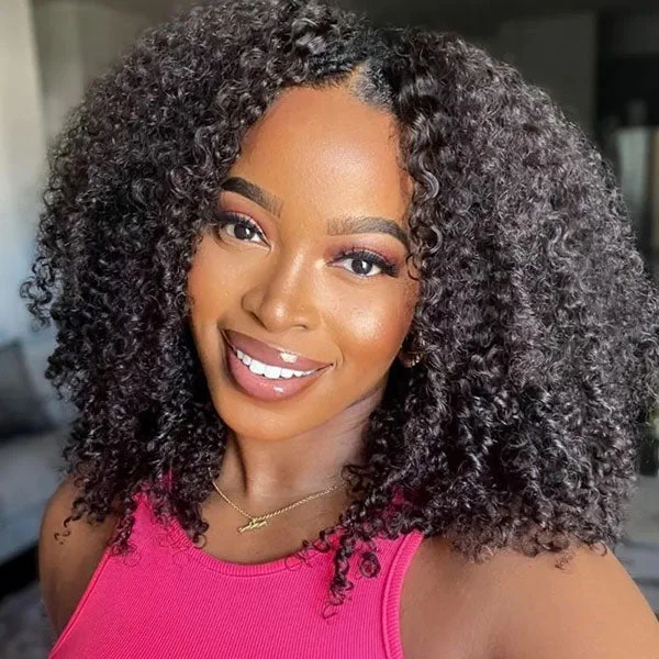 Junoda Kinky Curly V Part Bob Wig Middle Part Short Human Hair Shake and Go Wigs No Leave Out