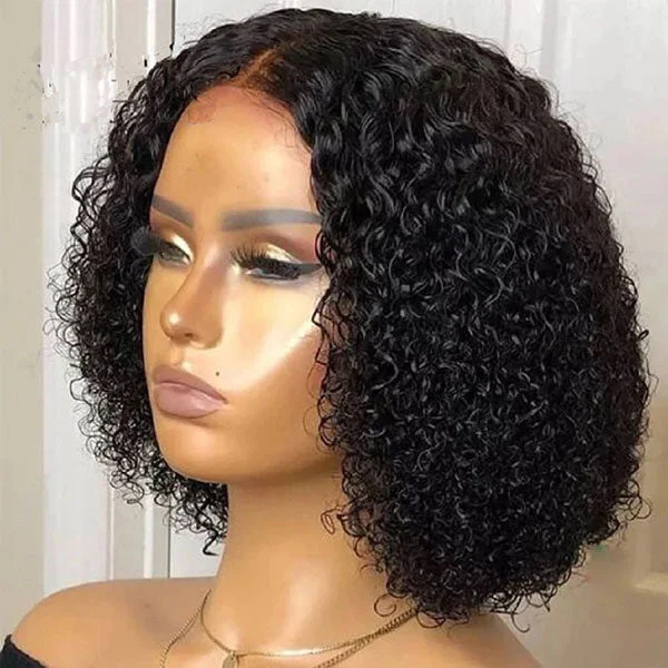 Junoda Kinky Curly V Part Bob Wig Middle Part Short Human Hair Shake and Go Wigs No Leave Out