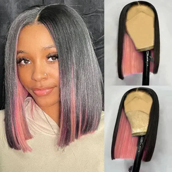 Junoda Peekaboo Pink Highlight Straight Human Hair Bob Wigs 4x4 13x4 Lace Front Wig