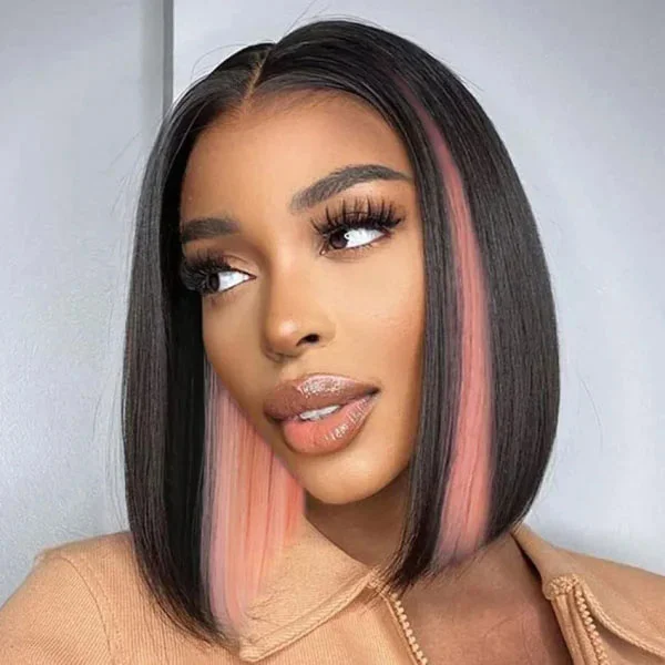 Junoda Peekaboo Pink Highlight Straight Human Hair Bob Wigs 4x4 13x4 Lace Front Wig