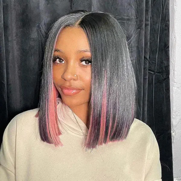 Junoda Peekaboo Pink Highlight Straight Human Hair Bob Wigs 4x4 13x4 Lace Front Wig