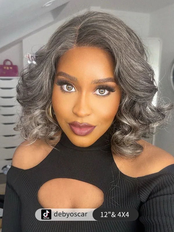 Junoda Silver Grey Salt and Pepper Loose Body Wave Bob Wig Blunt Cut Short Bob Human Hair Pre Cut Lace Wigs