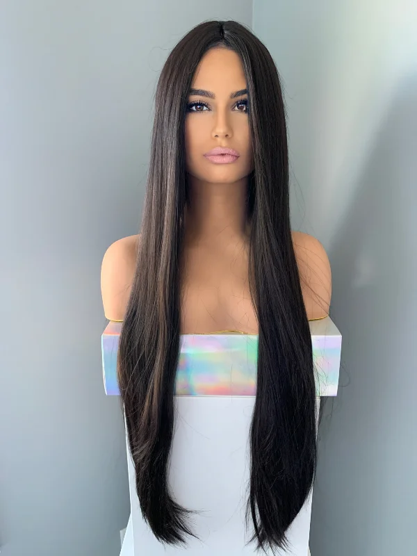 ""Kim"" - Long Black Silky Straight Partial Lace Front Wig