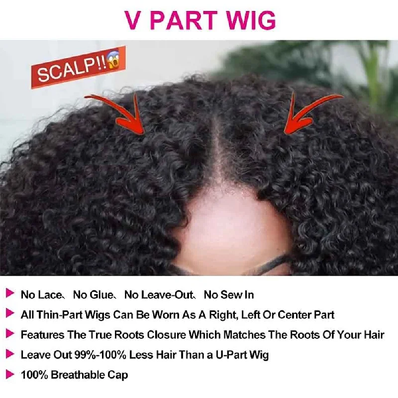 Kinky Curly V Part Wig No Leave Out Thin Part Glueless Wigs Human Hair Wig 180% Density