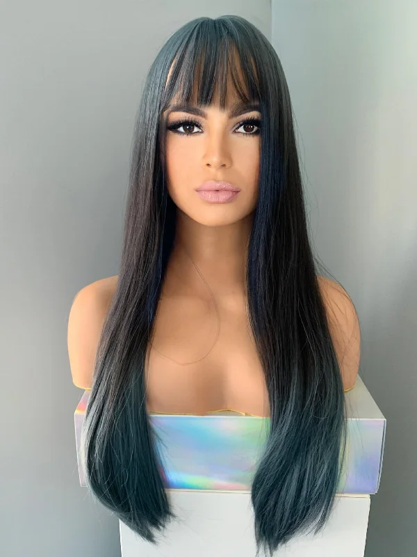 ""Lana"" - Long Straight Ombre Blue Wig with Bangs