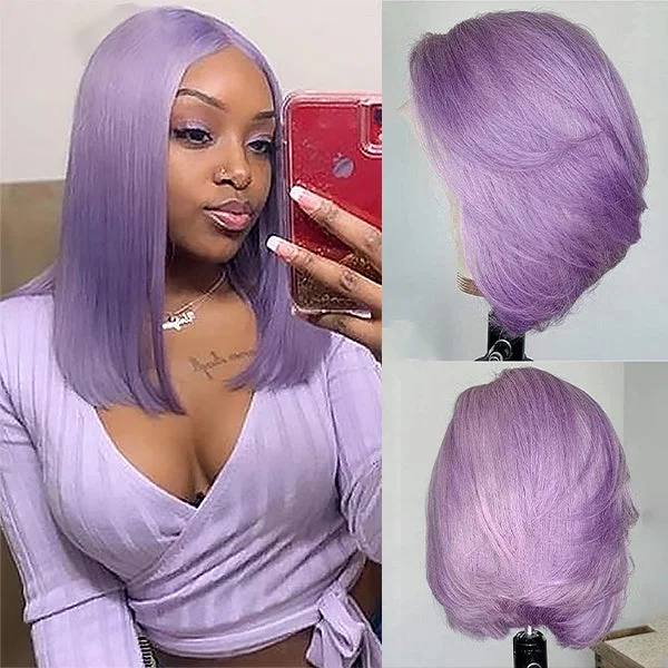 Lavender Bob Wig Lace Front Human Hair Wigs Pre-plucked Short Hair Purple Wig 8-14 Inch