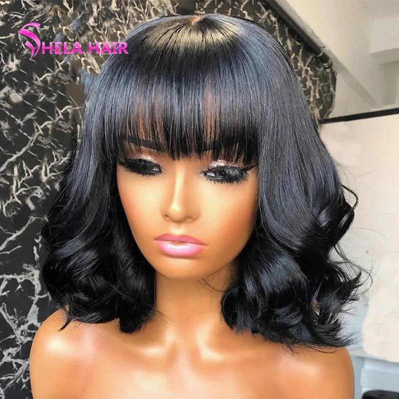 Fluffy Bob With Bang Wig Light Wavy Lace Closure / Front Wig