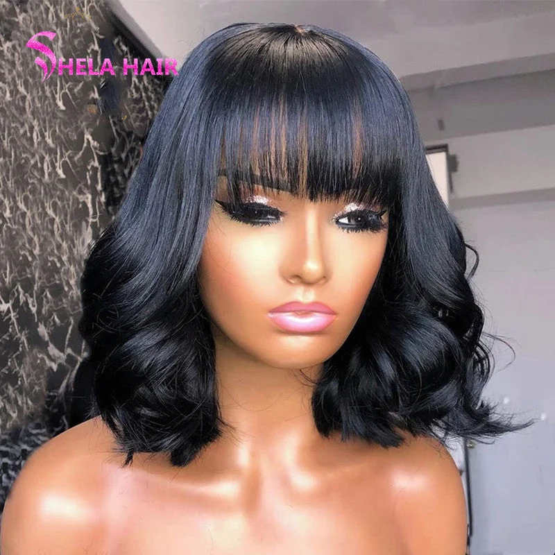 Fluffy Bob With Bang Wig Light Wavy Lace Closure / Front Wig