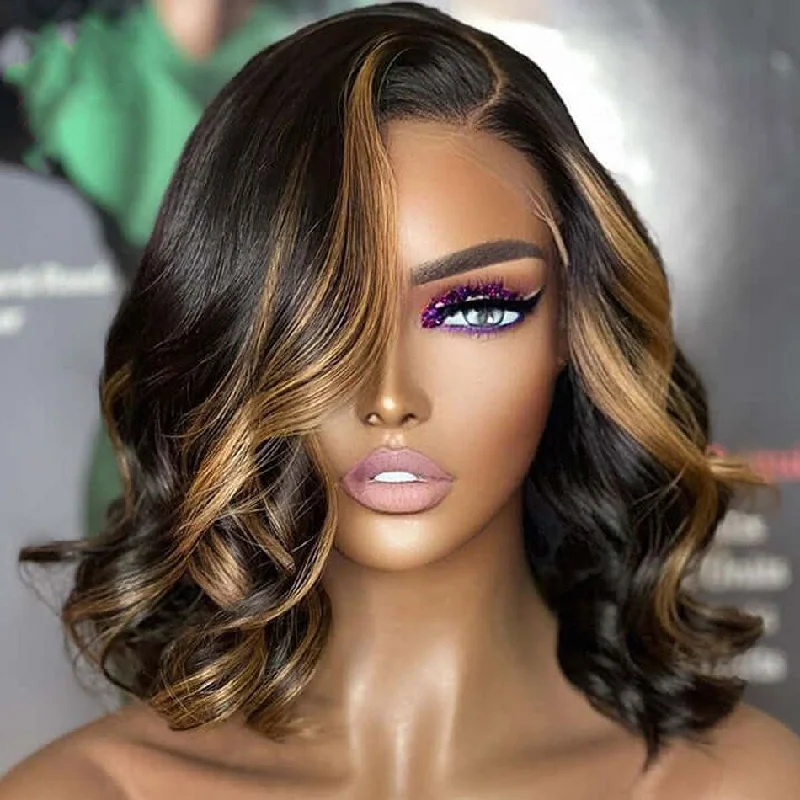 Limited Design | Blonde Highlight Right C Part  Body bob Wave 13x4 Frontal  HD Lace Wig