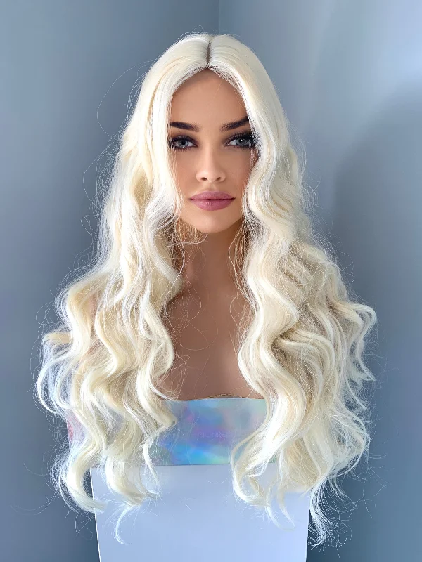 ""Lisa"" - Long Platinum Blonde Partial Lace Front Wig