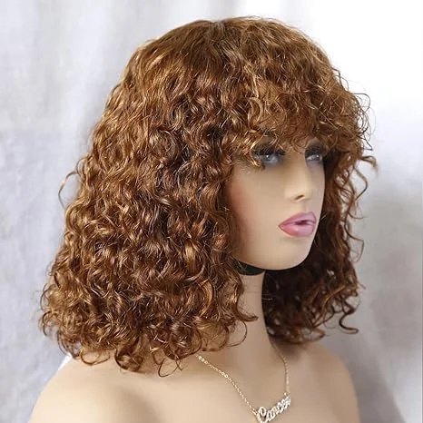 Lumiere A1 Customized #30 Curly Bob Wigs Human Hair Wig With Bangs for Black Women 14 Inch