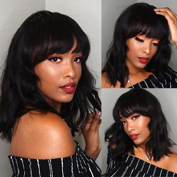 Body Wave Bob Full Machine Made None Lace With Bangs For Women