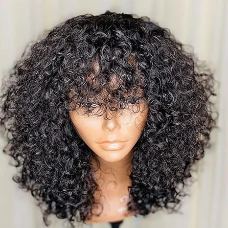 Lumiere A1 Customized Curly Short Bob Human Hair Wigs with Bangs None Lace Front Human Hair Wigs for Black Women 14 inch HDZ-32